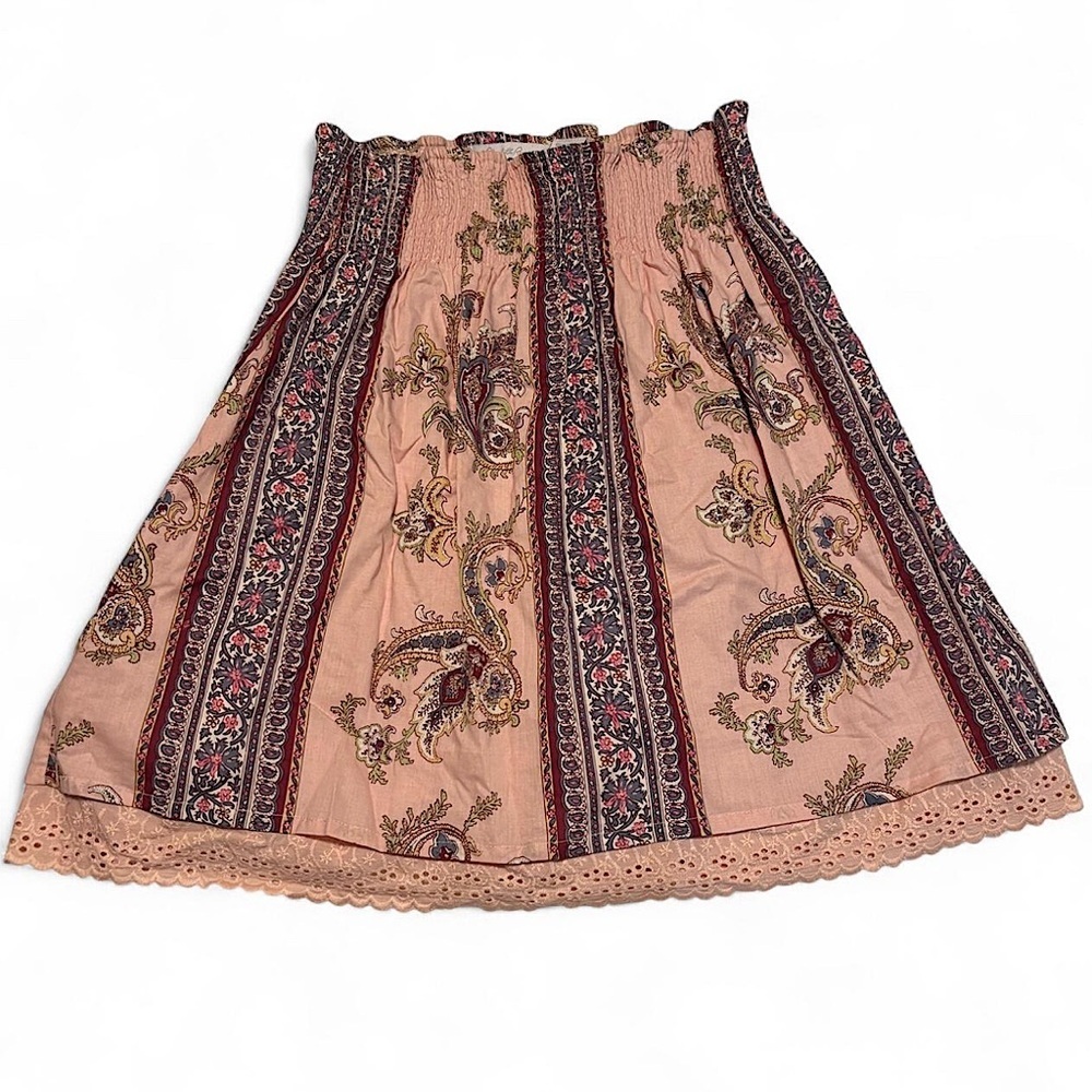 VTG y2k Charlotte Russe Boho Mini Skirt Sz 7 Pink Paisley Smocked Waist Lace Hem